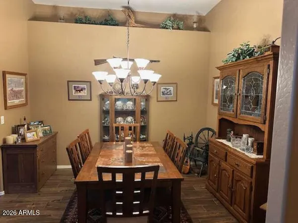 a view of a dining room with furniture