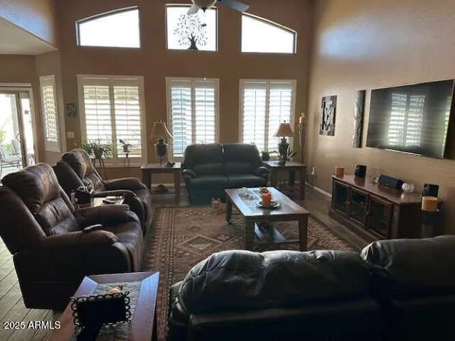 a view of a dining room with furniture