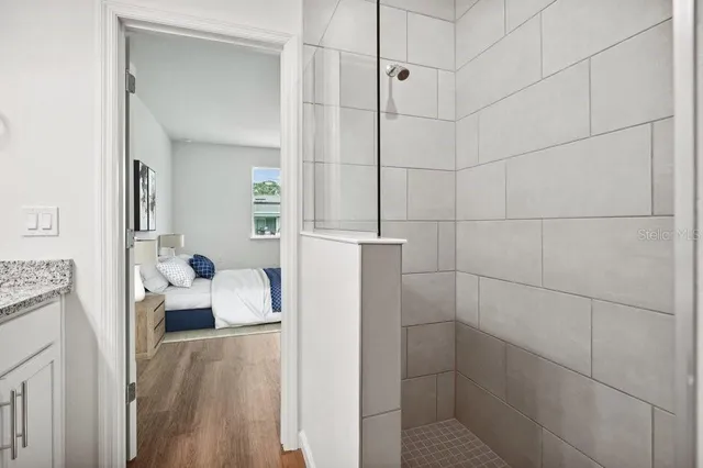 a bathroom with a bathtub