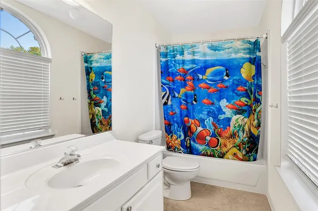 a bathroom with a sink mirror and toilet
