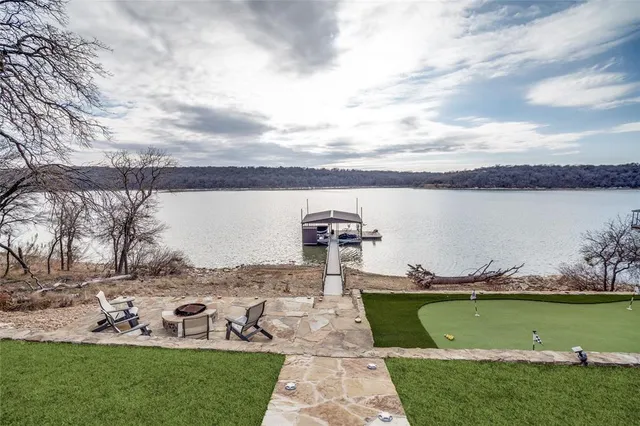 a view of a lake with a house in the background