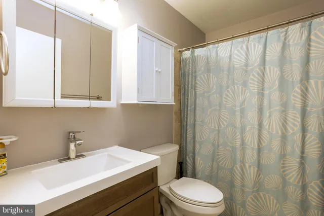 a bathroom with a sink a toilet and shower curtain