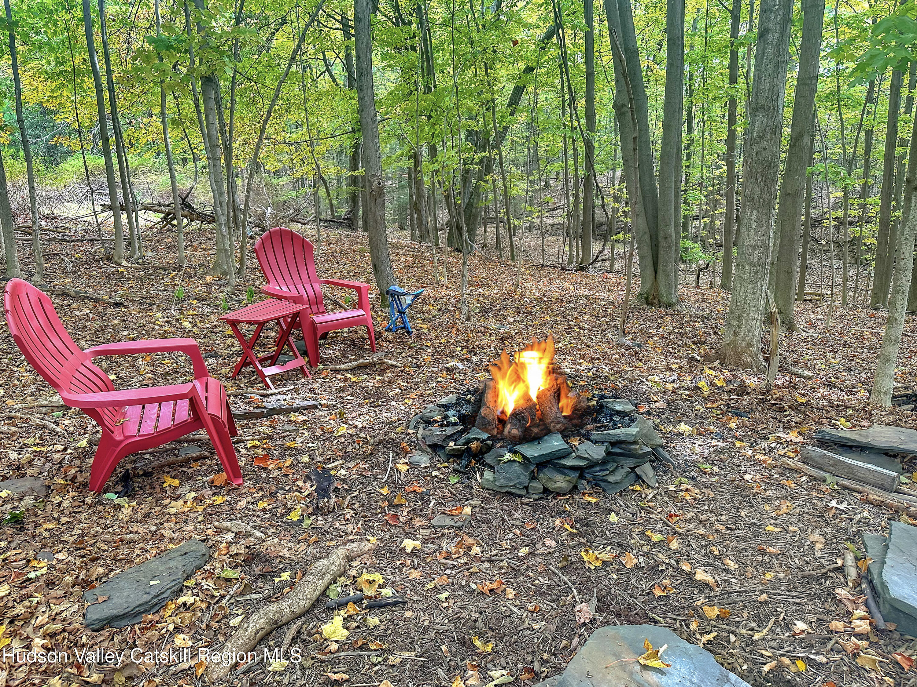 72 Meads Mountain Road, Unit 5 Woodstock, NY 12498 - Photo 19 of 20 a view of a wooden chairs and fire pit in the backyard