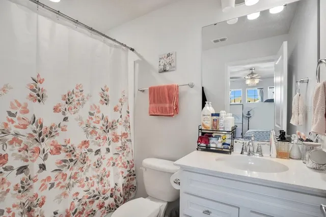 a bathroom with a sink mirror vanity and toilet
