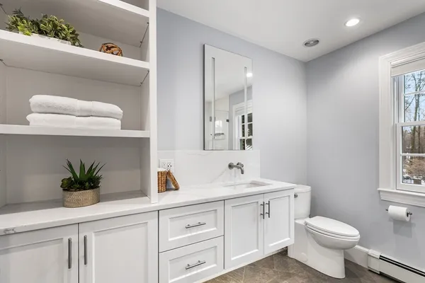 a bathroom with a sink a toilet and with mirror