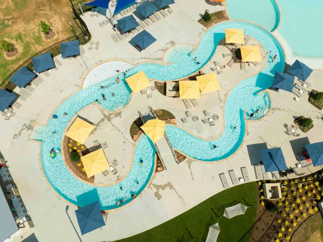 an aerial view of a swimming pool