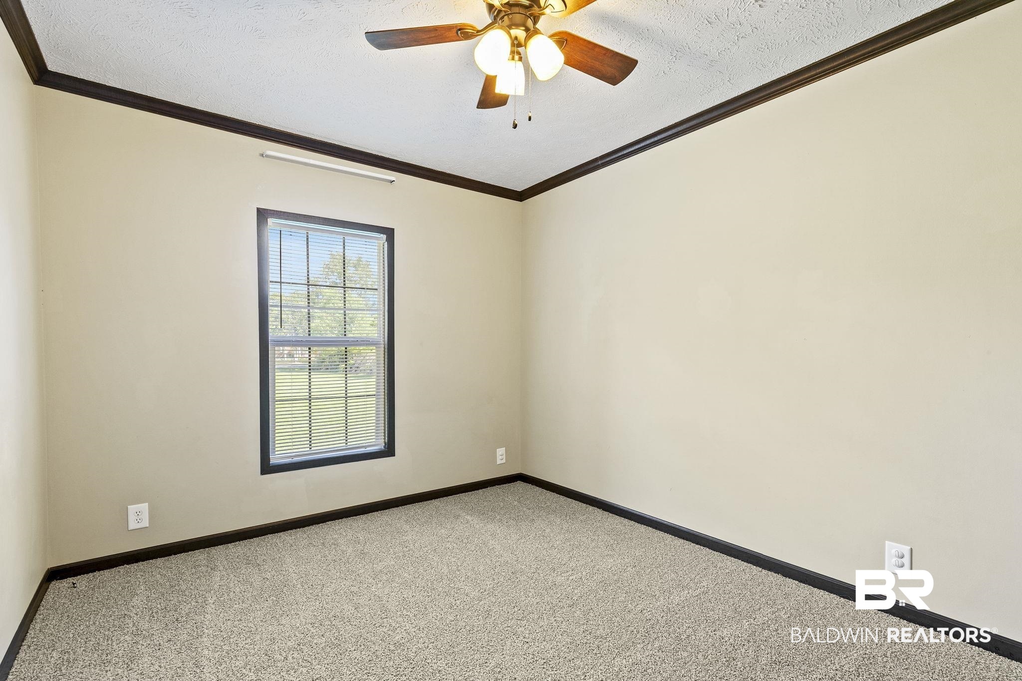35641 County Road 39 Stapleton, AL 36578 - Photo 26 of 46 Unfurnished room with carpet, ceiling fan, crown molding, and a textured ceiling