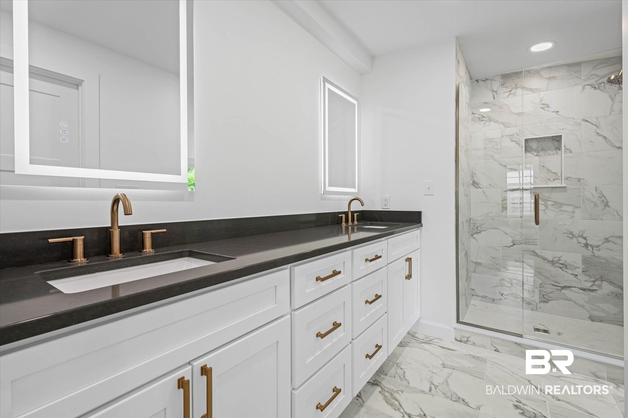 41 Hathaway Road West Mobile, AL 36608 - Photo 11 of 24 Bathroom featuring double vanity, a marble finish shower, light marble finish floors, and recessed lighting