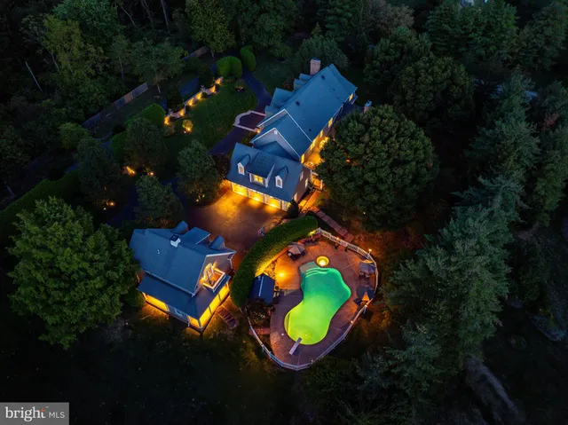 an aerial view of a swimming pool