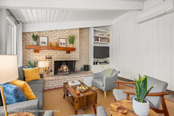 a living room with furniture a flat screen tv and a fireplace