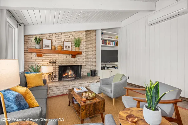 a living room with furniture a flat screen tv and a fireplace