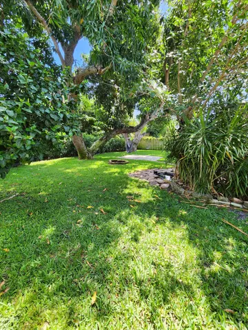 a view of a backyard with pathway