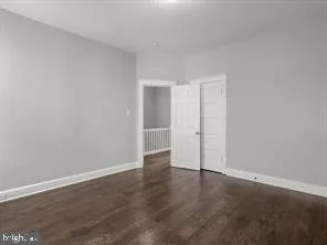 a view of an empty room with wooden floor and closet