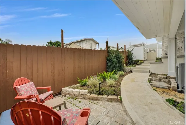 a backyard of a house with table and chairs