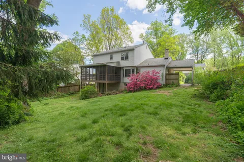 a view of a yard with large trees and wooden fence