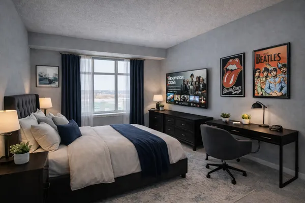 a bedroom with a bed and a desk