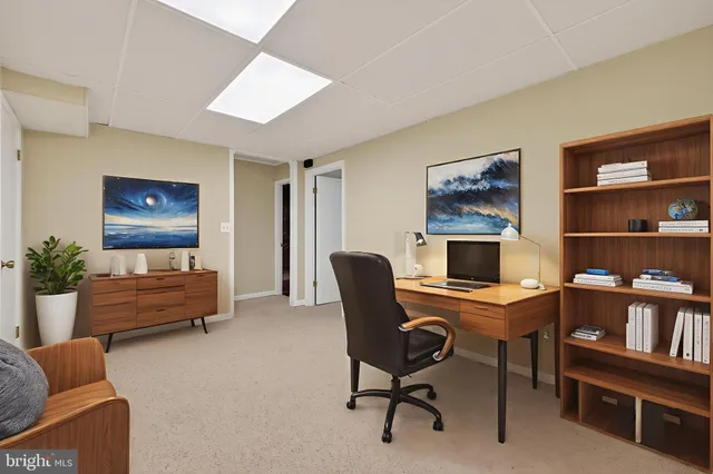 a workspace with furniture and a potted plant