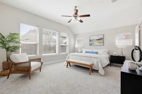 a spacious bedroom with a bed a couch and potted plant with the outer view