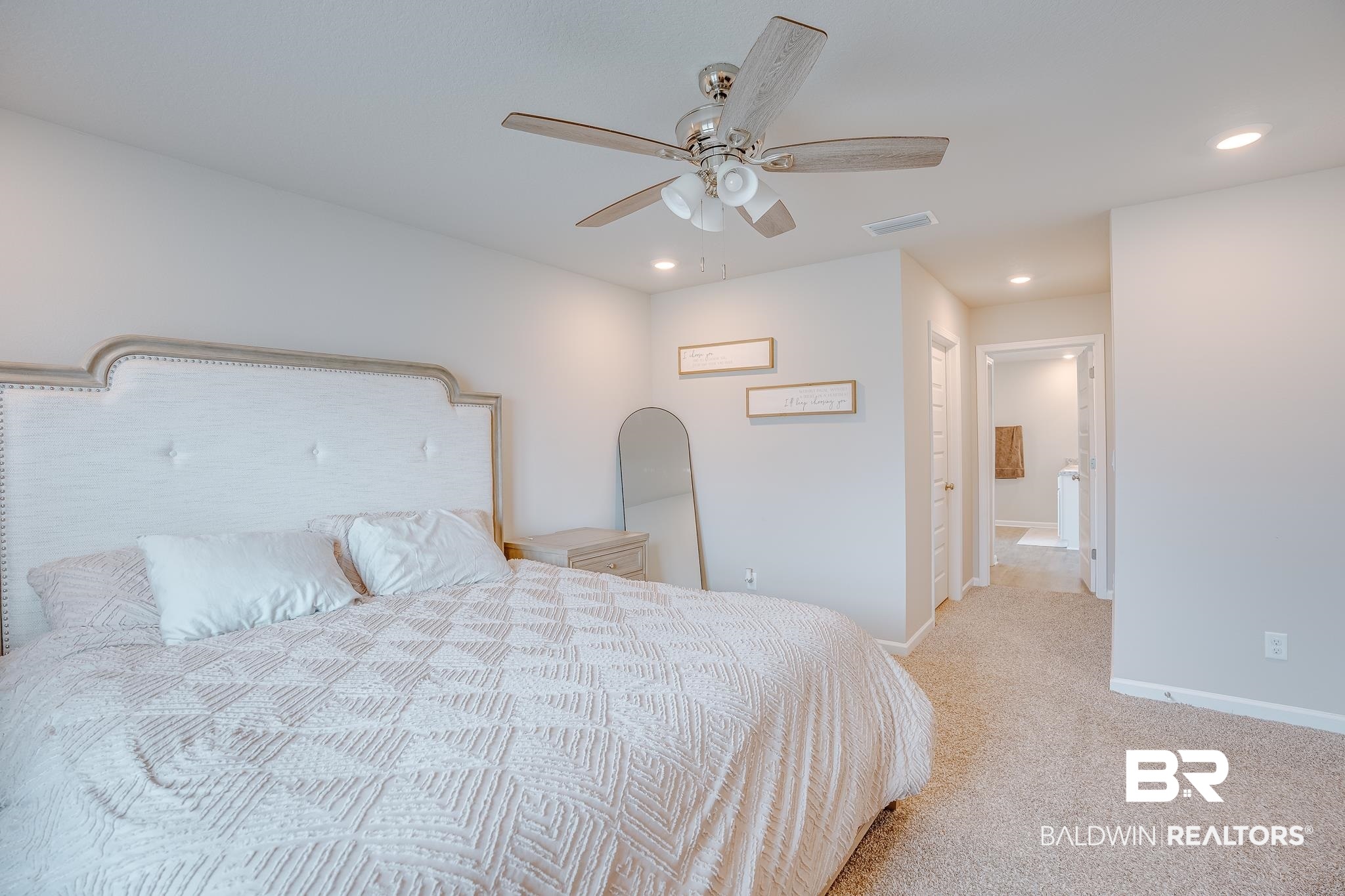 8242 Sycamore Way Semmes, AL 36575 - Photo 19 of 43 Bedroom with light carpet, recessed lighting, and a ceiling fan