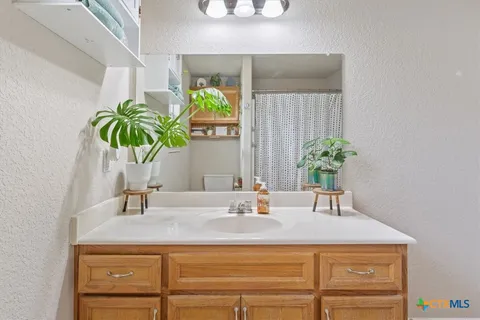 a bathroom with a sink a mirror and a shower