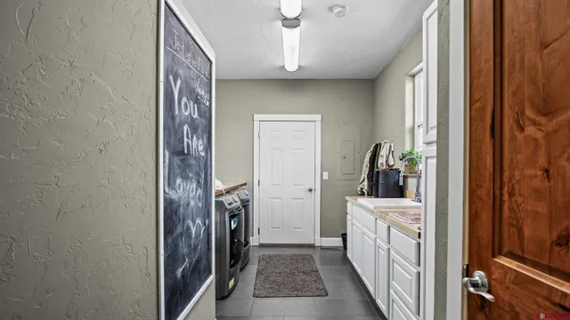 a view of a garage with storage