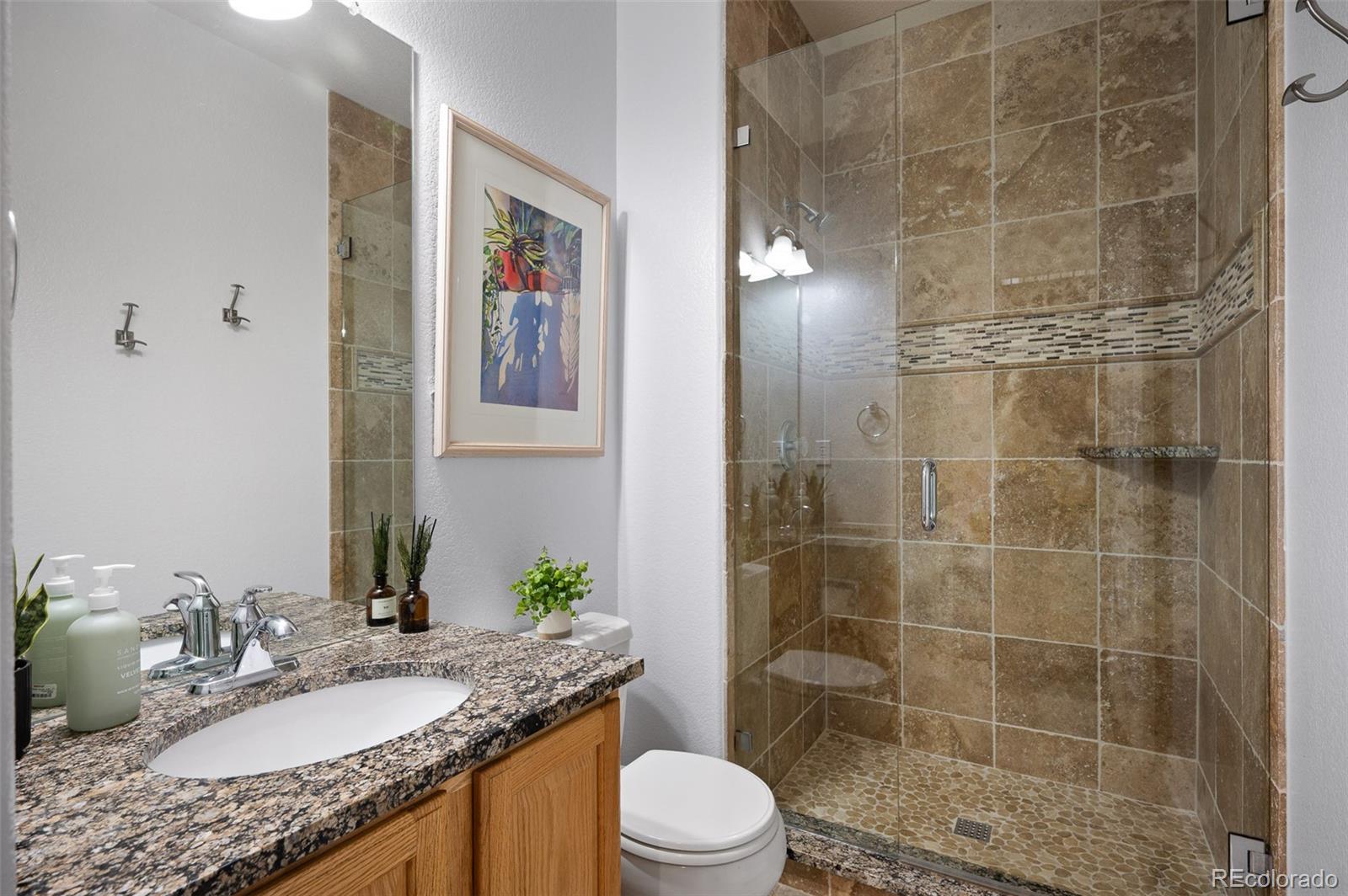 3559 Craftsbury Drive Highlands Ranch, CO 80126 - Photo 16 of 38 a bathroom with a granite countertop sink a toilet a mirror and shower