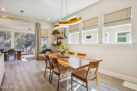 a view of a dining room with furniture window and outside view