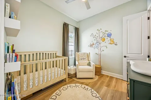 a view of a park with plants and large trees