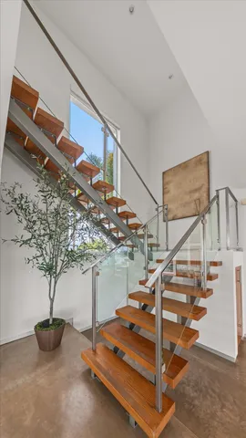 a view of a garden with plants and lounge chair