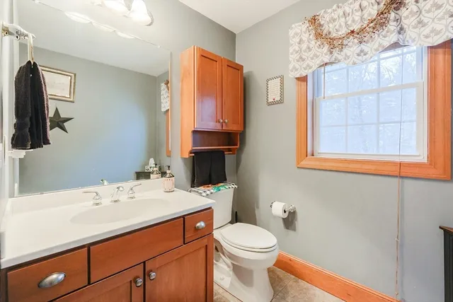 a bathroom with a sink a toilet and mirror