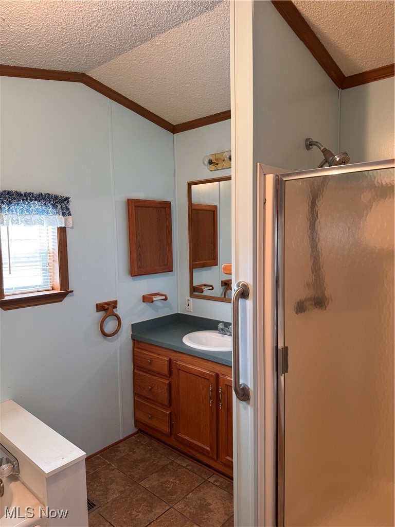 5852 Cleveland Road, Unit 104 Wooster, OH 44691 - Photo 23 of 36 Full bathroom with vaulted ceiling, a textured ceiling, ornamental molding, a stall shower, and vanity
