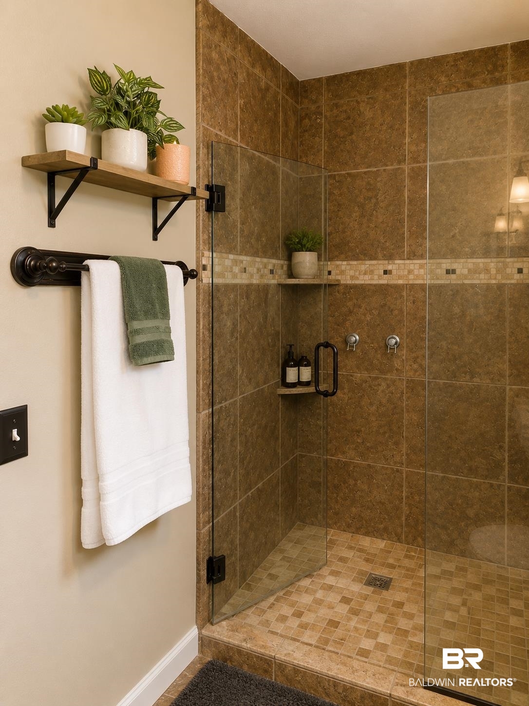 21733 Sedlack Road Silverhill, AL 36576 - Photo 15 of 22 Walk-in shower featuring glass enclosure, large format wall tiles, mosaic accent band, and integrated shower niche