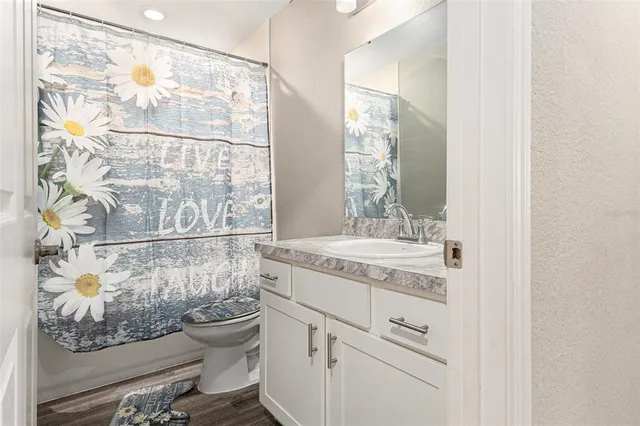 a bathroom with a granite countertop sink a toilet and a shower