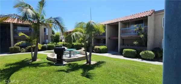 a garden view with a seating space
