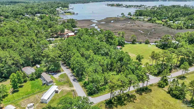 an aerial view of residential house with outdoor space and trees all around