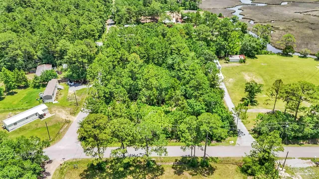 an aerial view of residential houses with outdoor space and trees all around