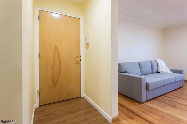 a living room with couches and painted walls with wooden floor