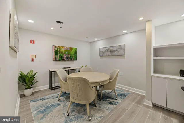 a view of a dining room with furniture