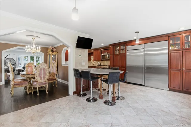 a view of a dining room with furniture