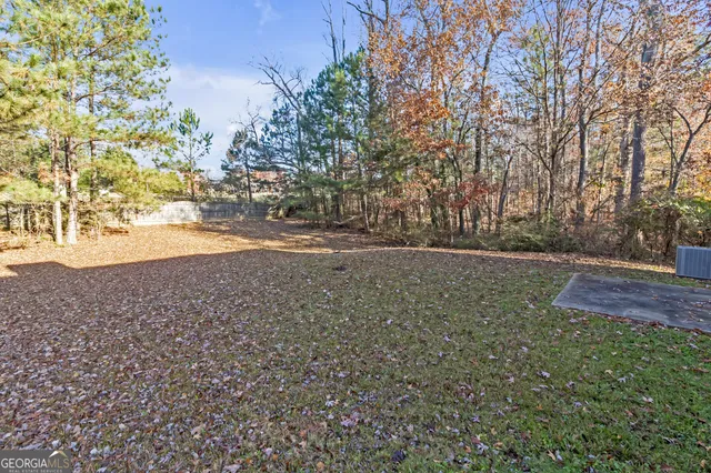 a view of dirt yard with a large tree
