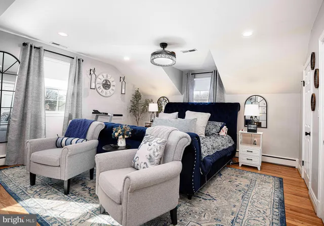 a bedroom with furniture and wooden floor