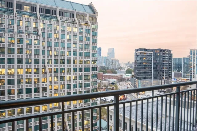 a view of a building from a balcony