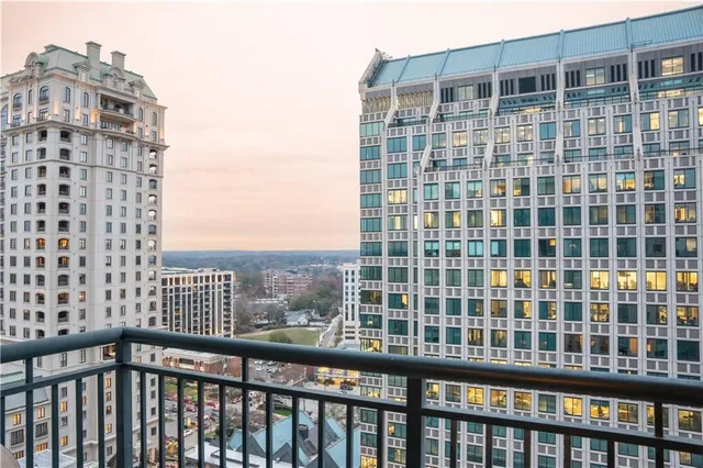 a view of a building from a balcony