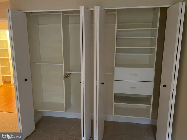 a view of walk in closet with empty racks