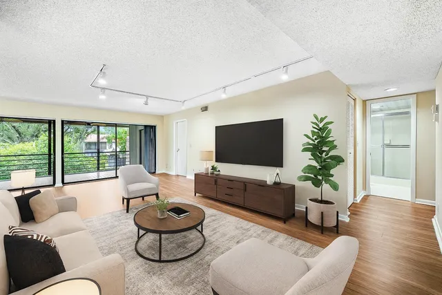 a living room with furniture potted plant and a large window