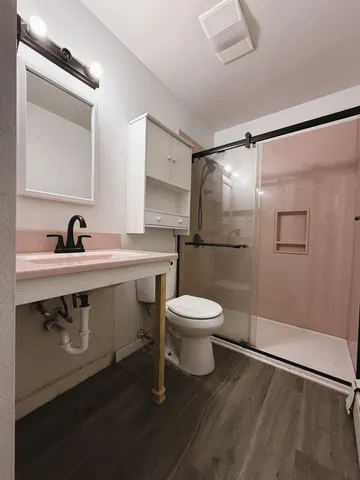 a bathroom with a sink a toilet and shower