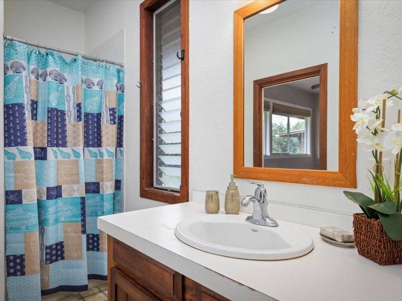 84-5193 Hawaiʻi Belt Road Captain Cook, HI 96704 - Photo 9 of 30 a bathroom with a sink a mirror and a shower