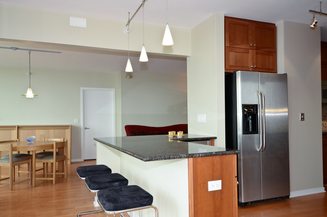 807 Davis Street, Unit 1405 Evanston, IL 60201 - Photo 4 of 12 a kitchen with stainless steel appliances granite countertop a refrigerator and a wooden floor