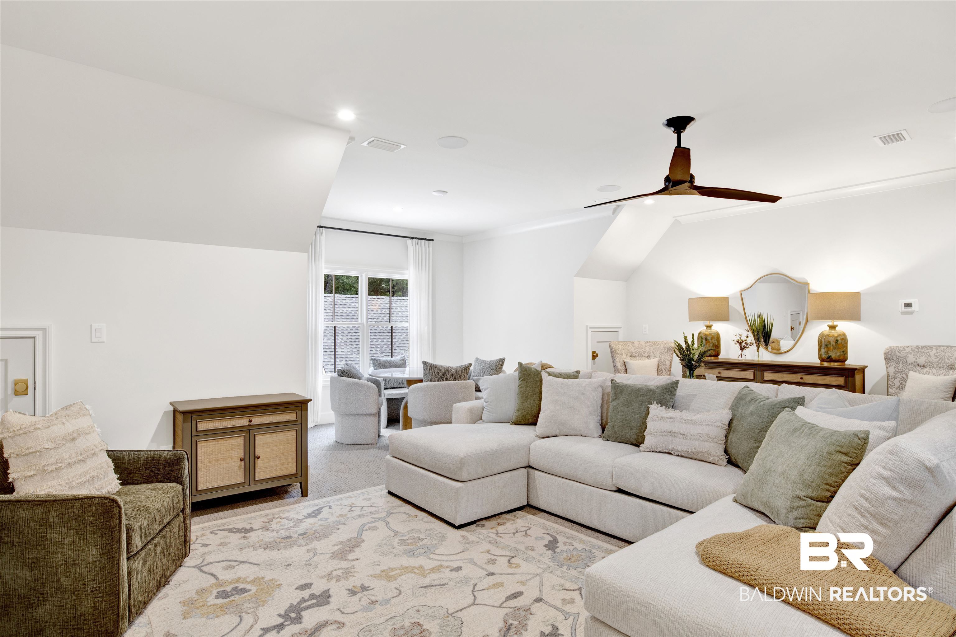 7248 Parker Road Fairhope, AL 36532 - Photo 54 of 55 Living room with recessed lighting, ceiling fan, and crown molding