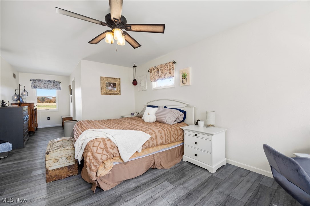 11827 Stratton Road West Salem, OH 44287 - Photo 33 of 47 Bedroom featuring multiple windows, dark wood-style floors, and a ceiling fan